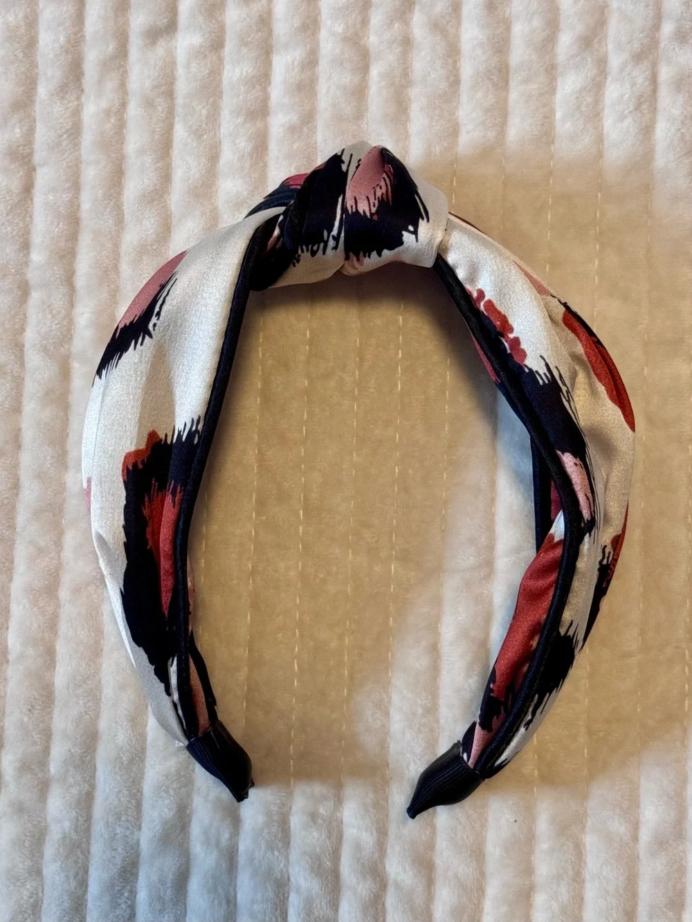 Silky Knot Headband in White with Pink and Rust Spots